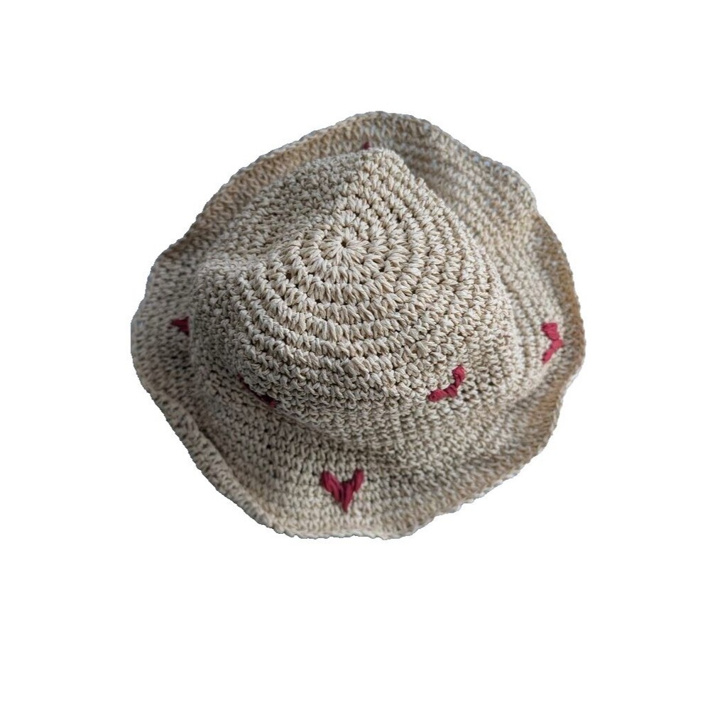 Lulla Collection Paper Crochet Straw Heart Floppy Resort Bucket Hat NWT